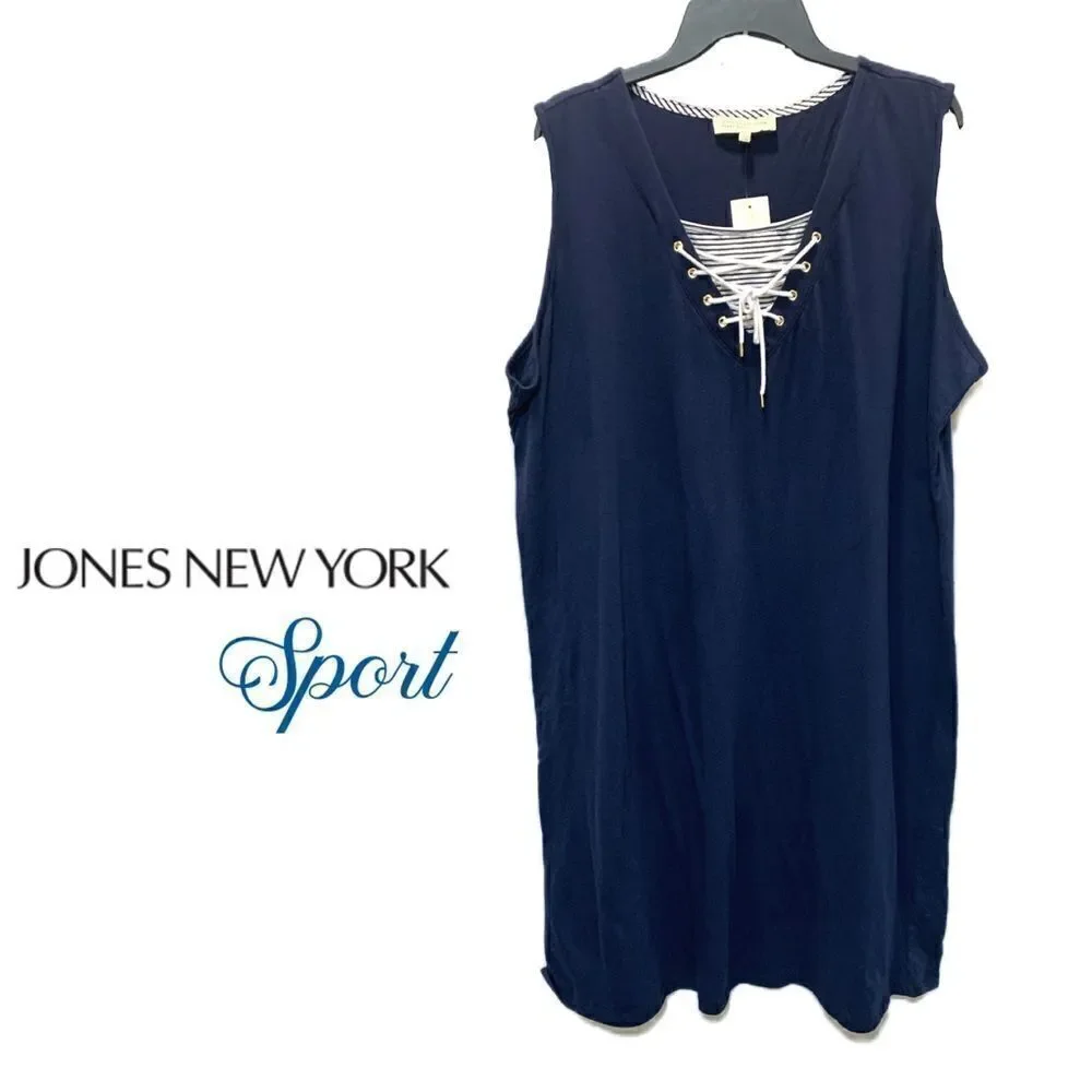NWT Jones New York sport knit navy sleeveless tie laced V-neck dress sz 3x - Picture 2 of 13